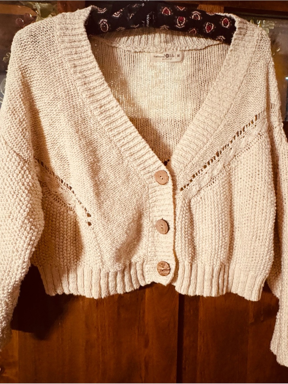 NATURAL LIFE Cream V-Neck Open Stitch Button Cardigan